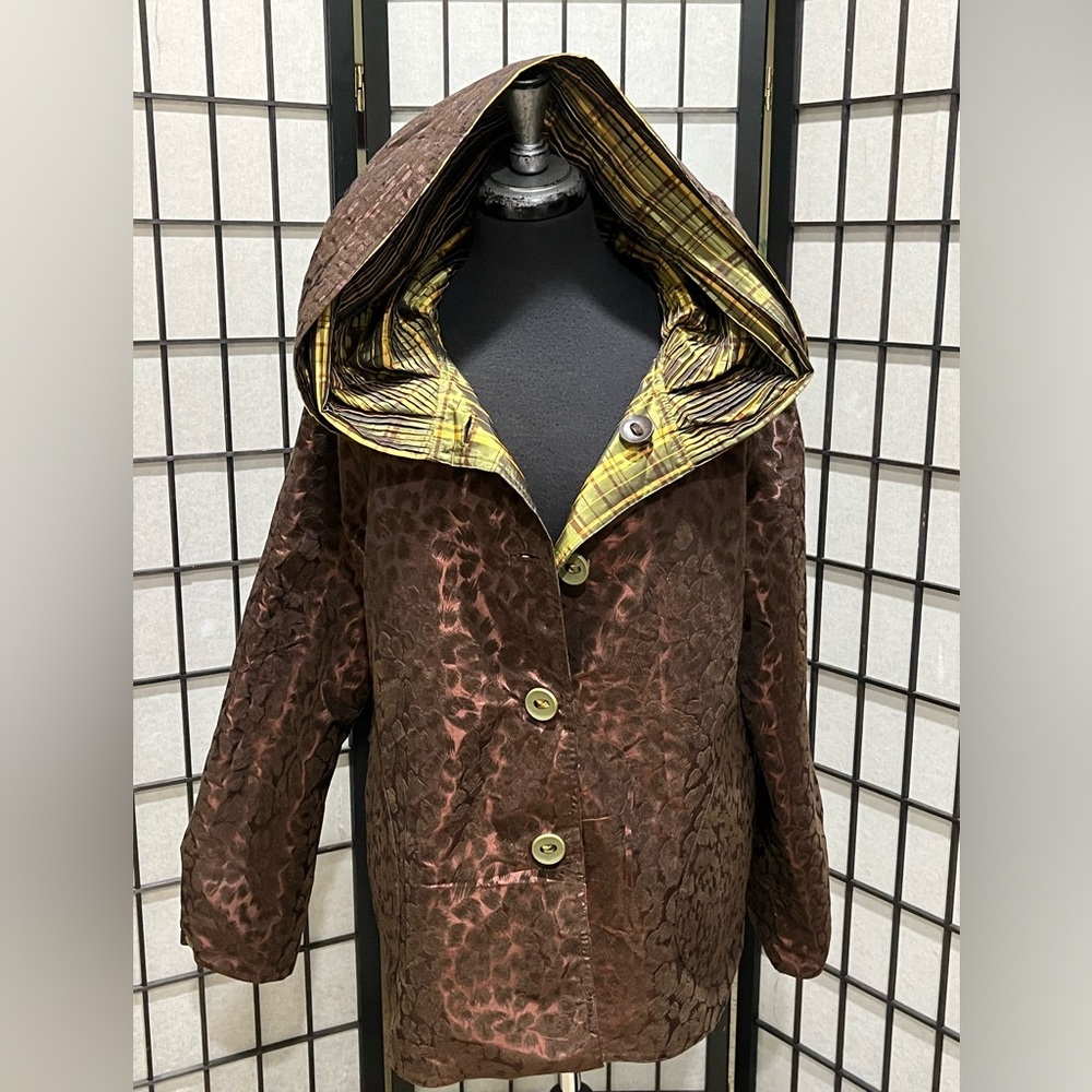 UbU, REVERSIBLE RAIN TRENCH COAT, Brown/Yellow Plaid Lining Y2k WOMEN SIZE M